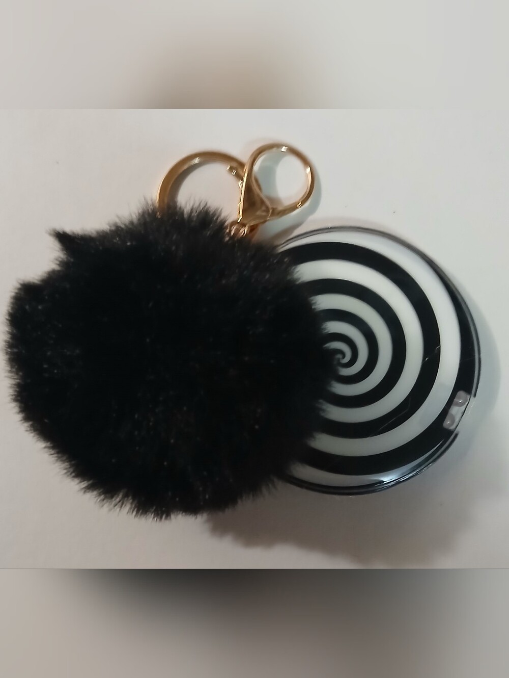 Pom Pom Cat Keychain with Black & White Spiral Charm Flaslight